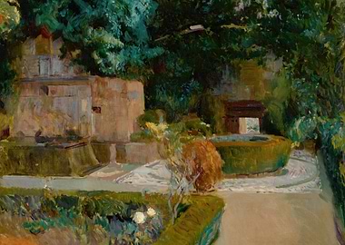 Impressionist Garden Scene with Fountain
