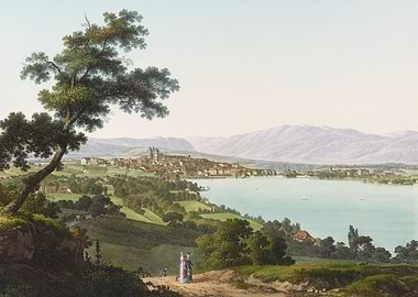 Scenic Lakeside Cityscape with Mountains
