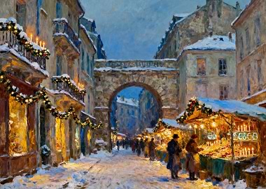 Christmas Market in Snowy European City