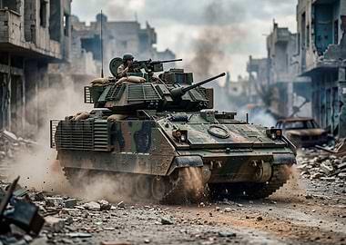 Armored Vehicle in War-Torn City