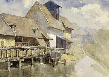 Watercolor of a Riverside Mill