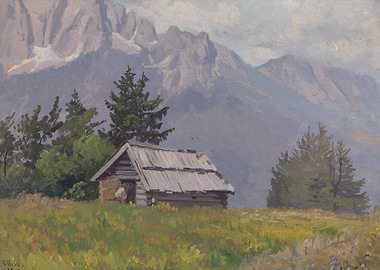 Alpine Cabin with Mountain Backdrop