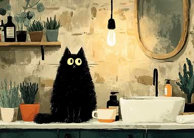 Black Cat Morning Bathroom Scene