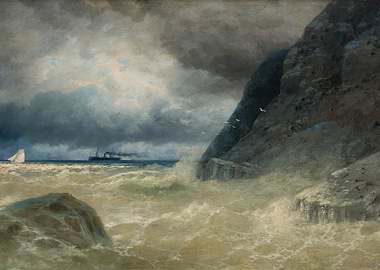 Stormy Seas with Ship and Cliffs