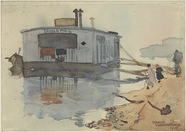 Houseboat on Water with Figures
