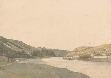 River valley with village and boats