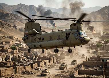 Military Helicopter Over Combat Zone