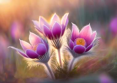 Purple Pasqueflowers in Golden Sunlight