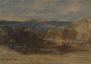 Watercolor Landscape with Building and Figures