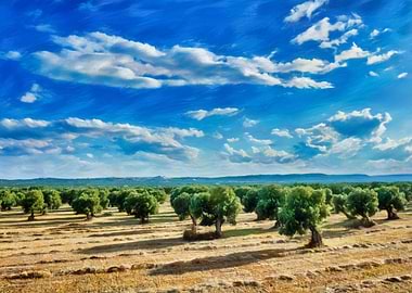 Olive grove under a blue sky