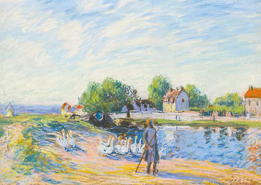 Pastel Landscape with Geese and Shepherd