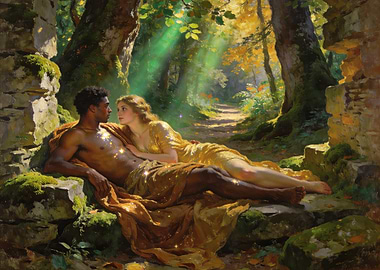 Mythical Couple in Sunlit Forest Ruins