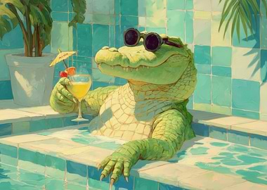 Alligator relaxing with a drink