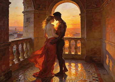 Couple Embracing on a Balcony at Sunset
