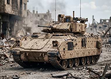 Military Tank in Ruined City