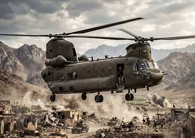 Military Helicopter over Destroyed Village