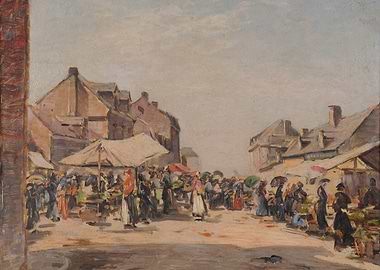 Bustling Market Scene with People and Buildings