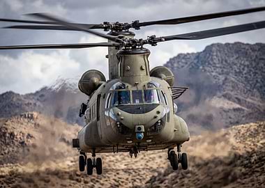 Military Helicopter in Desert Landscape