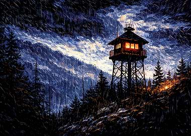 Fire lookout tower in a storm