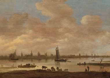 River scene with city skyline and cattle