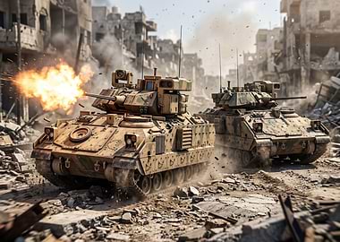 Tanks firing in a war-torn city