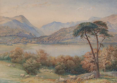Watercolor Landscape of a Lake and Mountains