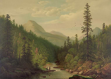 Mountain River Landscape with Fishermen