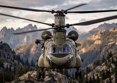 Military Helicopter Flying Over Mountains