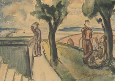 Figures by a River with a Bridge