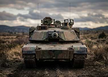 Front view of a camouflage tank