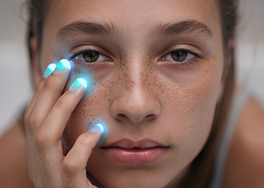 Girl with glowing fingertips