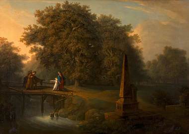 Biblical scene with figures on a bridge