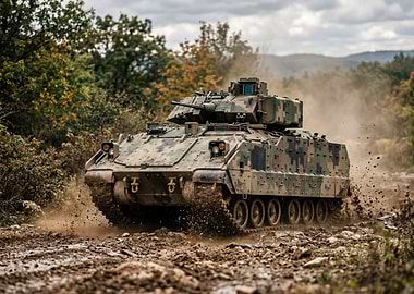 Military Tank Driving Through Mud