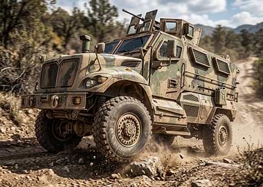 Camouflaged Military Truck Driving Off-Road