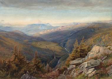 Panoramic Mountain Valley Landscape Painting