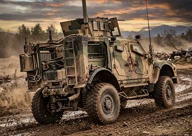 Military vehicle in motion