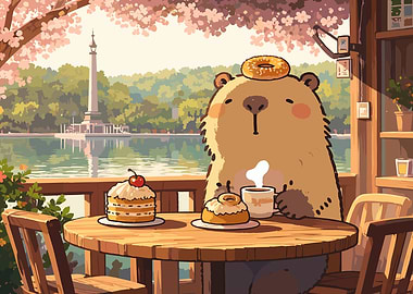 Cute Bear Enjoying Coffee and Pastries by the Lake