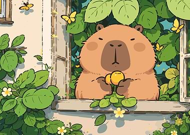 Cute Capybara with Flowers