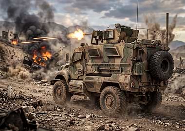 Military vehicle in combat