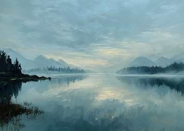 Misty Mountain Lake Landscape Painting