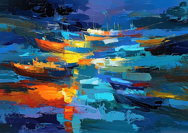Abstract Boats in Water Painting