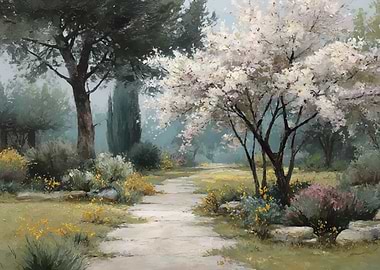 Spring Garden Path with Blooming Tree