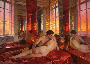 Couple Embracing in a Mirrored Room at Sunset