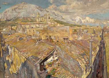 Sunlit Italian Rooftops and Mountain Landscape