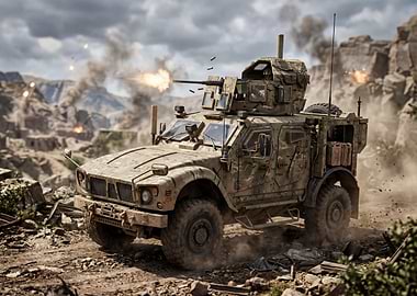 Military Vehicle Firing Machine Gun in Combat