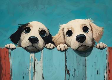 Two Cute Puppies Peeking over a Fence
