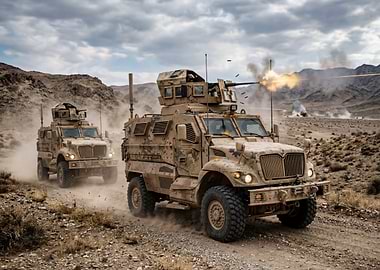 Military convoy in desert firing weapon