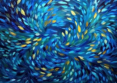 Abstract Swirling Blue and Gold Brushstrokes