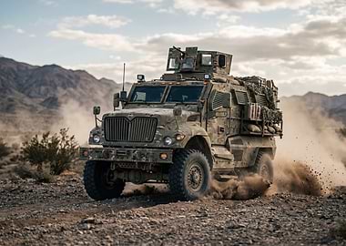 Military vehicle driving in desert