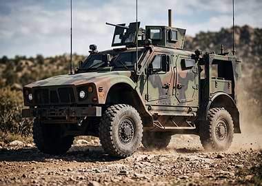 Camouflaged Military Vehicle in Desert Landscape